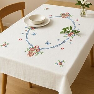 Vintage Hand Embroidered Floral Tablecloth‎ Floral Wheelbarrow Butterflies Linen